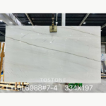 Full Brazilian Calacatta White Quartzite slab with a slender dark grey vein descending across a white background.