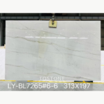 Brazilian Calacatta White Quartzite slab with several fine grey bands and delicate intersecting diagonal veins.