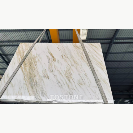 China Calacatta Gold stone slab with a white background and gold, taupe and gray veining