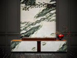 Interior design inspiration with China Snow Green Marble on a tall wall panel and coordinating console