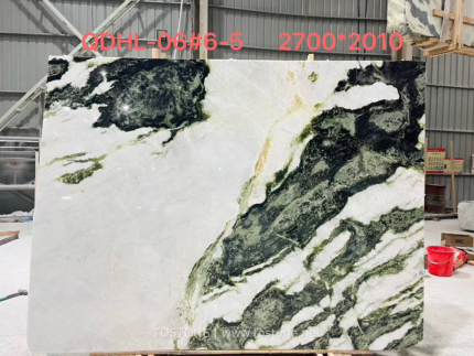 China Snow Green Marble slab showing diagonal green bands across a snowy white field