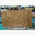 Crystal Light Brown Marble slab with golden-brown tones and branching cream veins, with original stock markings
