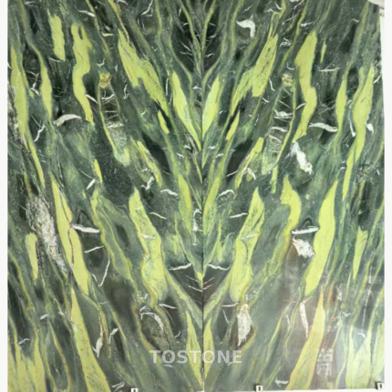 Paired Golden Silk Green Marble panels with mirrored yellow-green streaks and fine white veins around a central seam.