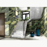 Stairwell design visualization with Golden Silk Green Marble wall panels surrounding a pale staircase.