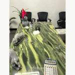 Golden Silk Green Marble tabletop with flowing yellow-green ribbons and fine white veins among office accessories.