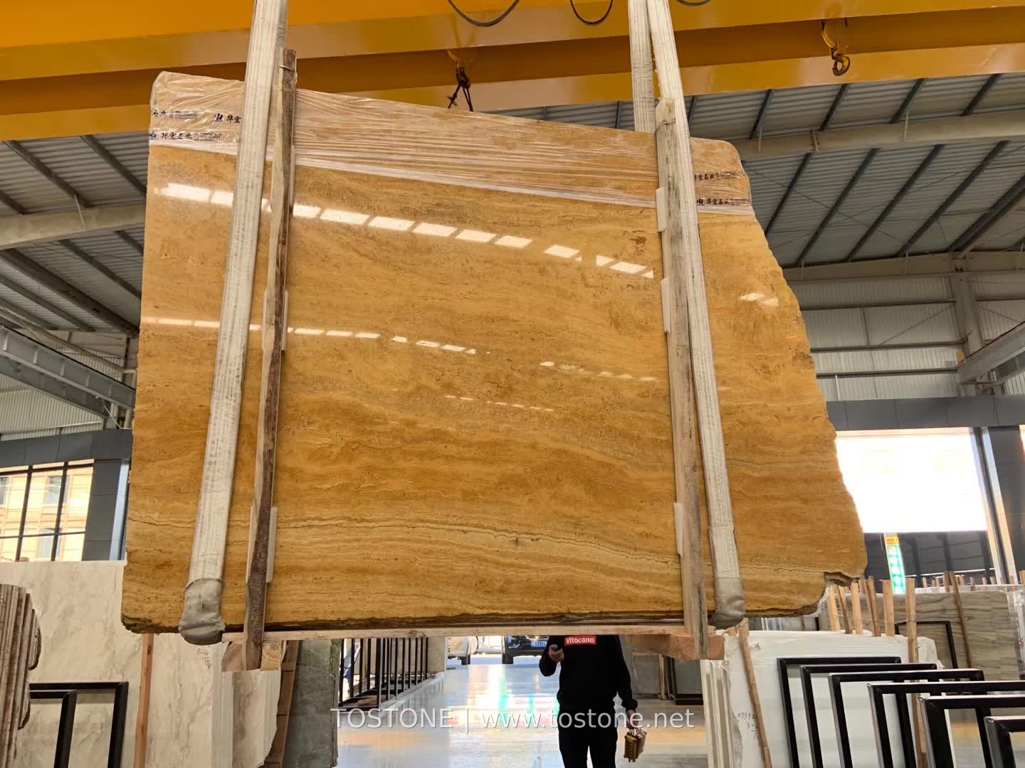 golden-travertine-slab-01-tostone-watermark Golden Travertine Slab held upright with honey-gold horizontal banding