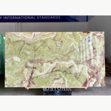 Gu Qing Yu stone slab with flowing green and cream bands, white outlines and burgundy veins