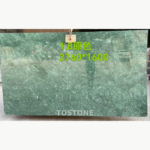 Indian Large Flower Green Marble slab with mottled green fields, darker veins and original measurement text