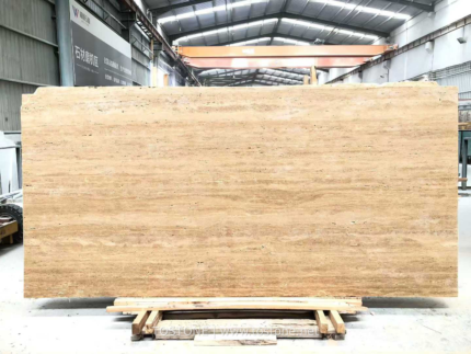 Front view of Iran Beige Travertine slab with warm sand-coloured layers