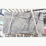 Italian Silver Fir Marble slab with silver-gray and white tones and intersecting charcoal veins, marked CS106 6-4