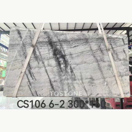 Italian Silver Fir Marble slab with broad charcoal bands and fine crosshatched veining, marked CS106 6-2