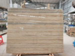 Italian Silver Travertine slab with warm beige and silver-grey horizontal bands