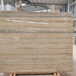 Italian Silver Travertine slab with warm beige and silver-grey horizontal bands