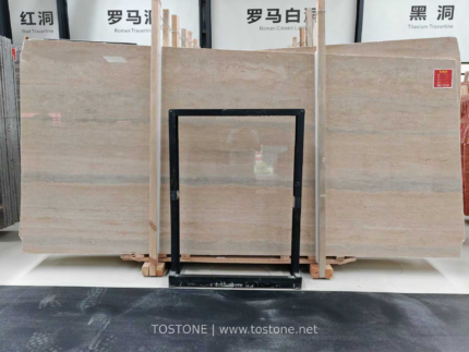 Italian Silver Travertine vein-cut slab bundle with soft grey lines