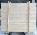 Italian Super White Travertine Vein Cut Slab in a timber frame showing cream and beige layers