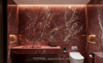 Bathroom design reference featuring a burgundy marble wall and vanity with branching white veins