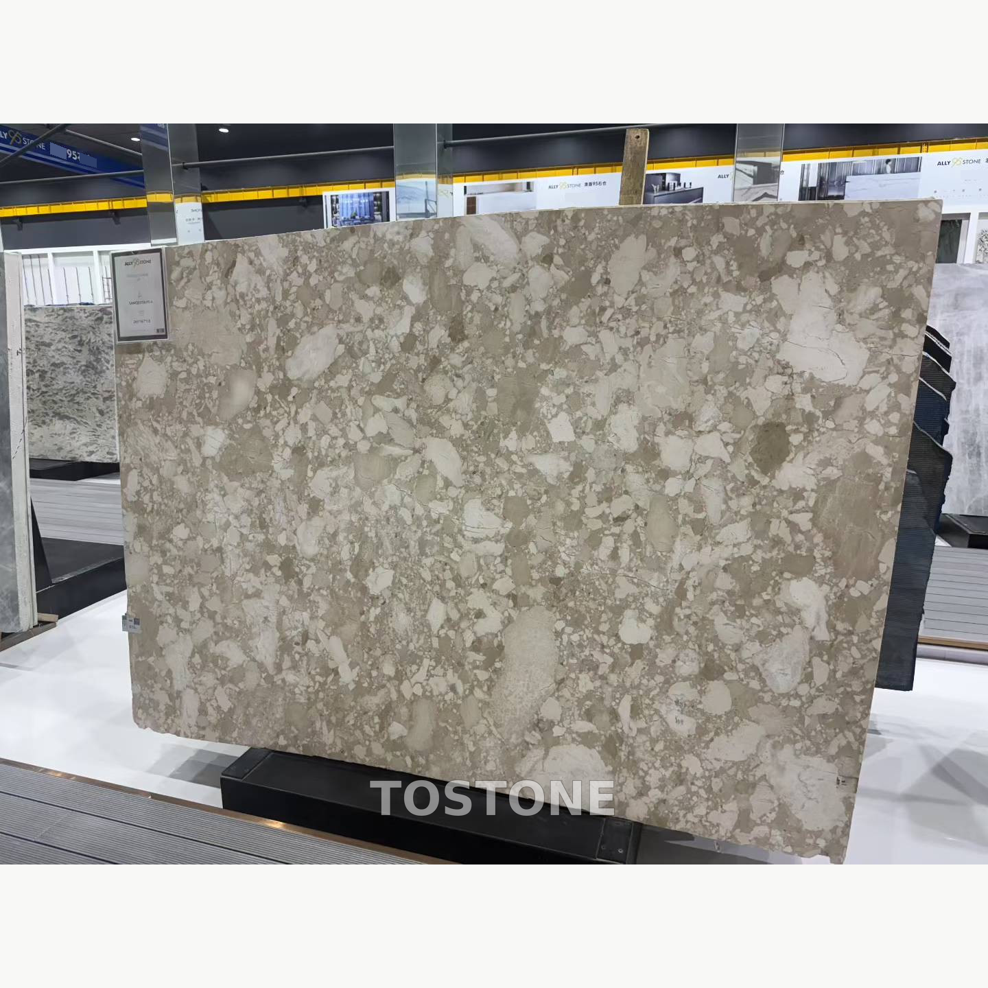 montage-marble-01-tostone-watermark-partial-clean-square Montage Marble slab with irregular ivory and cream shapes across a taupe background in a showroom