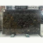 Front view of a Platinum Diamond stone slab with dark rippling patterns and subtle bronze accents