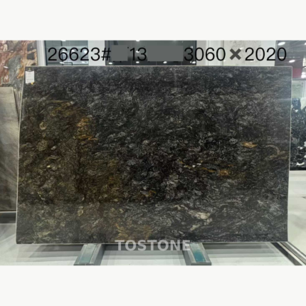 Front view of a Platinum Diamond stone slab with dark rippling patterns and subtle bronze accents