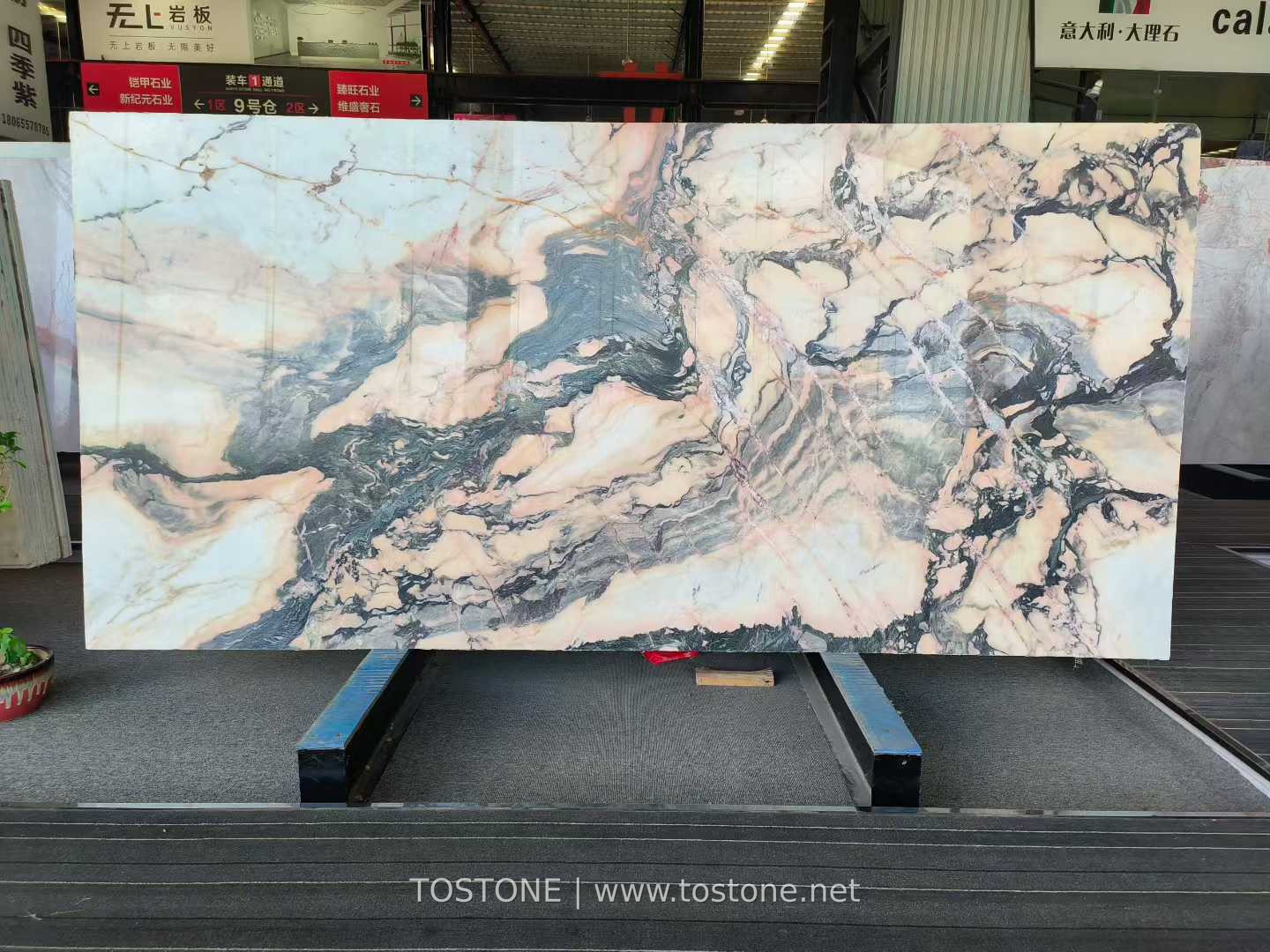 portuguese-calacatta-rosa-marble-slab-01-tostone Portuguese Calacatta Rosa marble slab with pink and cream areas and sweeping grey veins