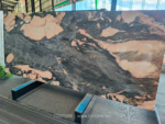 Portuguese Calacatta Rosa marble slab with broad charcoal movement and pink areas