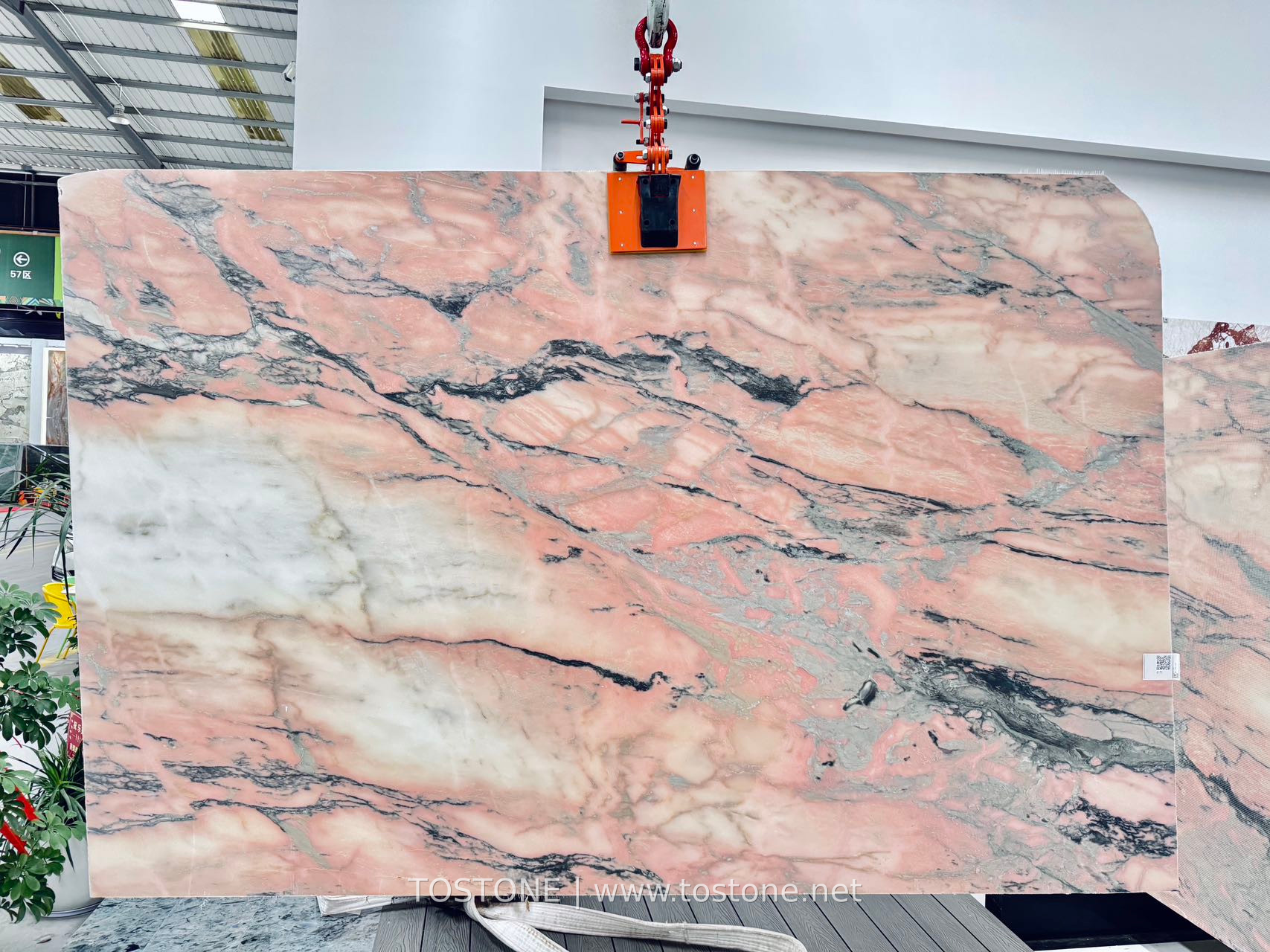 Portuguese Pink Marble Pink and Grey Full Slab Full Portuguese pink marble slab with blush pink and ivory patches and expressive charcoal-grey veining