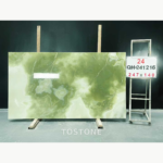 Qing Yu Marble slab with a broad olive-green centre and soft ivory clouds near the edges