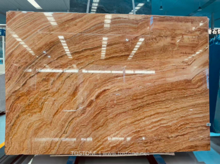 Rainbow Travertine Slab displaying diagonal gold and cream layers