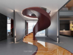 Interior design reference with a spiral staircase and flowing golden stone surface