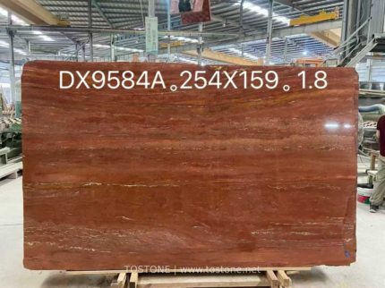 Front view of Red Travertine slab with warm horizontal bands