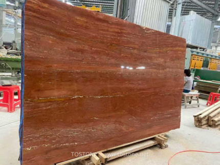 Angled Red Travertine slab with terracotta and cream bands