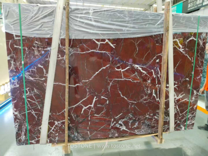 Turkish Rosso Levanto marble slab bundle with burgundy-red tones and pale veins
