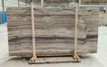 Iranian vein-cut Silver Travertine slab with wavy horizontal grey and cream bands