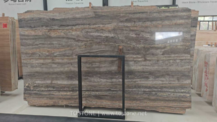 Vein-cut Silver Travertine slab with taupe and charcoal layers