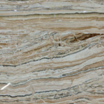 Close view of Tilamisu Travertine Slab with cream, beige and dark wavy bands