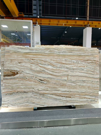 Tilamisu Travertine Slab displayed in a warehouse with fine layered veining