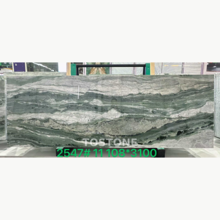 Victoria Green Marble slab with horizontal gray-green waves and broad white bands, retaining the original green overlay.