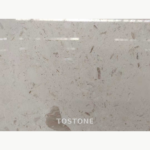 White Mushroom Marble surface detail with elongated gray flecks and a curved taupe marking near the lower edge.